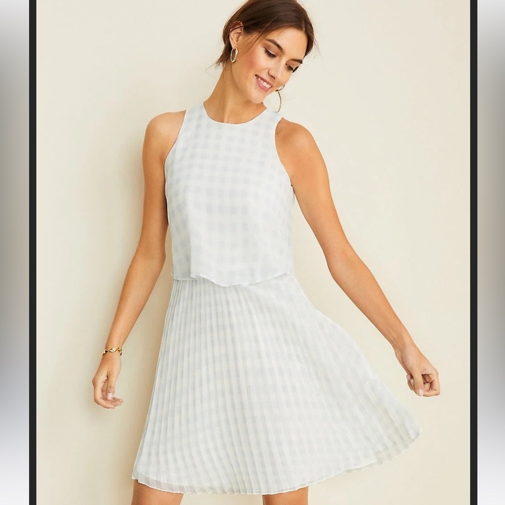 Ann Taylor Petite Gingham Overlay Pleated Flare Dress
